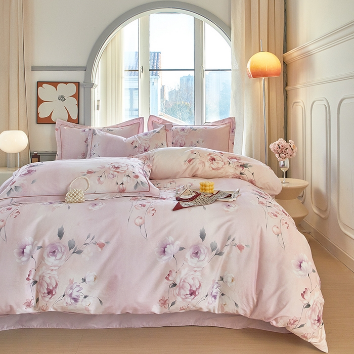 91家纺网 家纺一手货源 找家纺 启航家居 2025春夏全棉铂金棉数码印花四件套 花叶轻慢粉