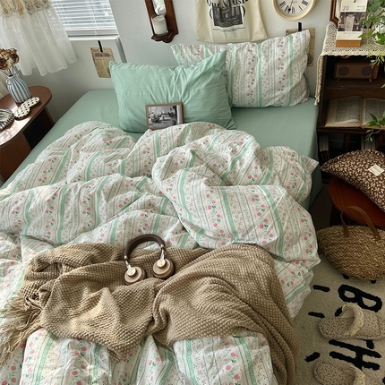 91家纺网 家纺一手货源 找家纺 原素 2025新款中古风混搭水洗棉双层纱四件套 薄荷微光