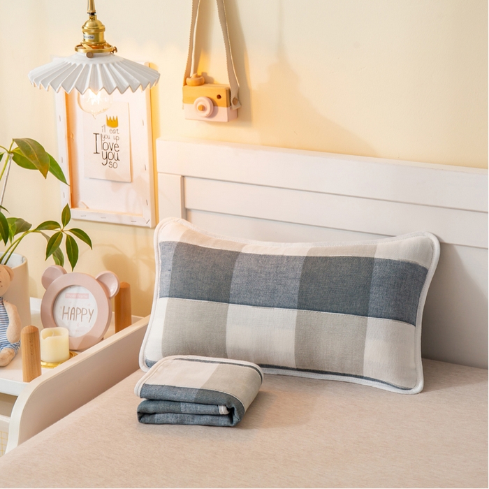 91家纺网 家纺一手货源 找家纺 朴尔家纺-毛巾被 2025新款全棉卡通六层纱布儿童枕套 日式大格蓝