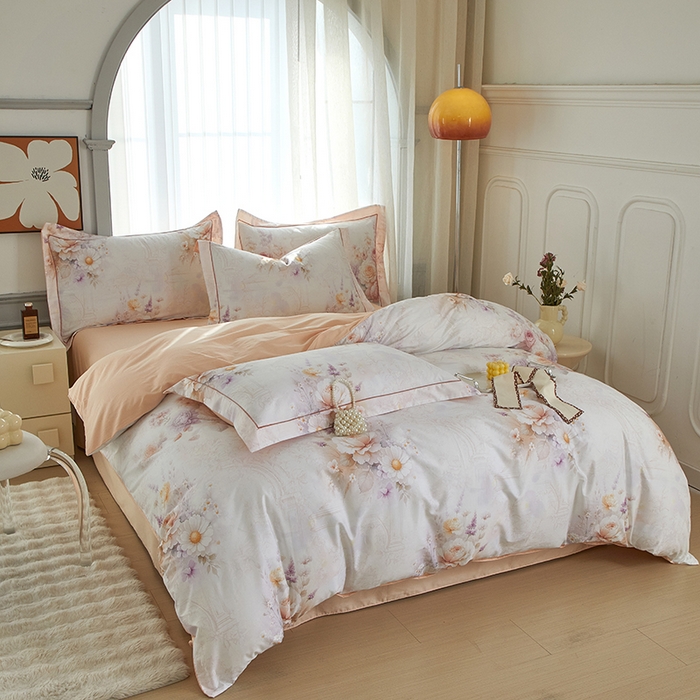 91家纺网 家纺一手货源 找家纺 启航家居 2025春夏全棉铂金棉数码印花四件套 花胭晚桥粉