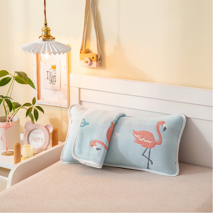 91家纺网 家纺一手货源 找家纺 朴尔家纺-毛巾被 2025新款全棉卡通六层纱布儿童枕套 辛福鸟蓝