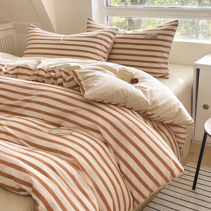 91家纺网 家纺一手货源 找家纺 蓝米卡夫 2025新品-无印风全棉色织水洗棉四件套 七彩-彩咖