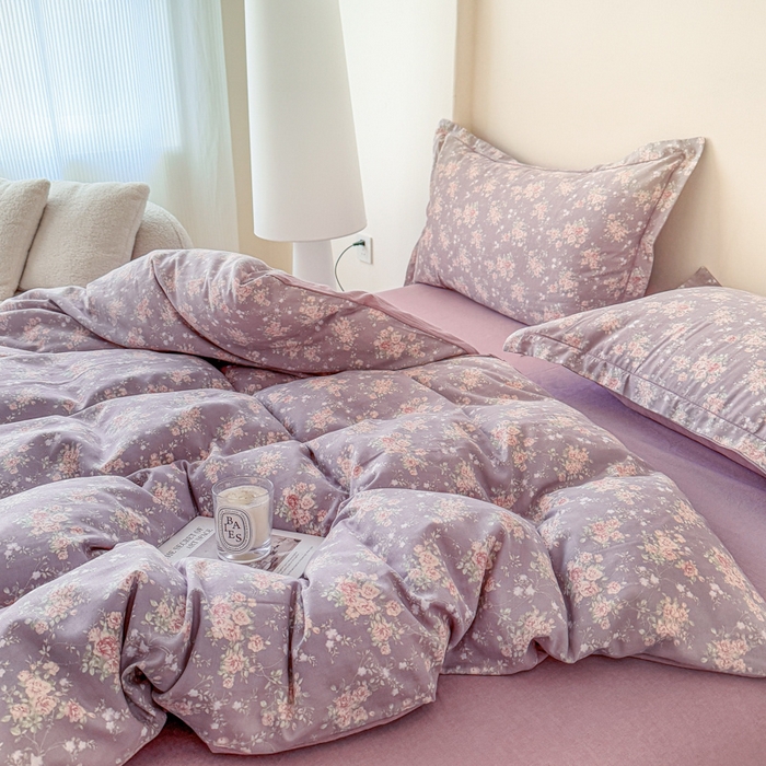 91家纺网 家纺一手货源 找家纺 喜四方 2025新款全棉A类母婴级抗菌全棉双层纱四件套 玛德琳娜-紫