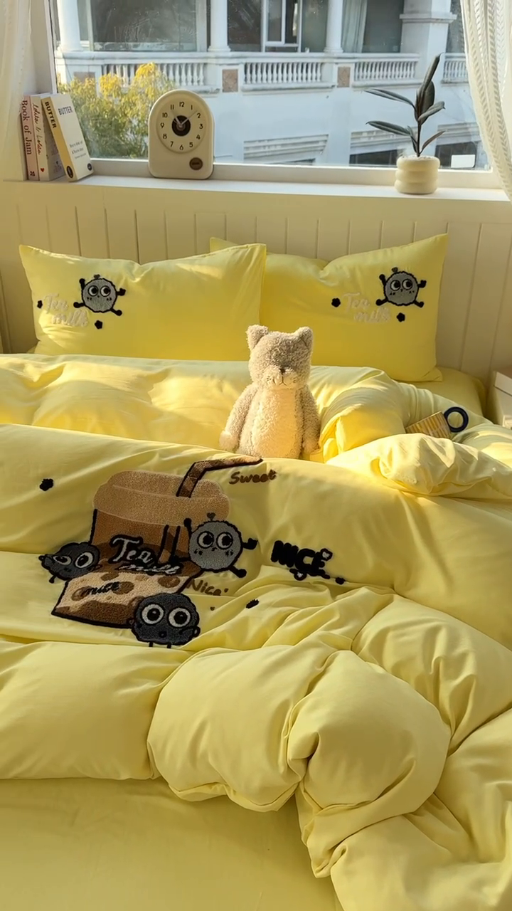 91家纺网 家纺一手货源 找家纺 （总）悦织湾 2025新款奶茶毛巾绣四件套水洗棉三件套学生宿舍单人双人床上用品4件套被套