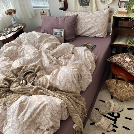 原素 2025新款中古风混搭水洗棉双层纱四件套 紫罗柔兰