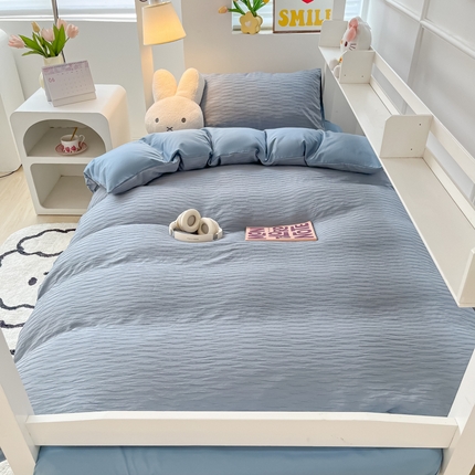 悦织湾2025新款水洗棉泡泡纱系列三件套学生宿舍单人三件套轻奢时尚床上用品四件套 泡泡纱-海天蓝