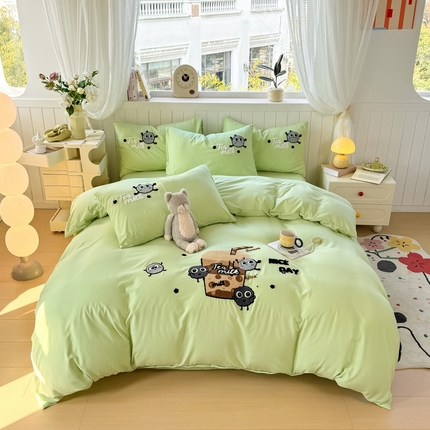 91家纺网 家纺一手货源 找家纺 （总）悦织湾 2025新款奶茶毛巾绣四件套水洗棉三件套学生宿舍单人双人床上用品4件套被套