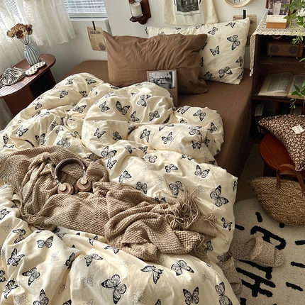 91家纺网 家纺一手货源 找家纺 （总）原素 2025新款中古风混搭水洗棉双层纱四件套,蝴蝶千颂,奶茶兔几,黑色波点,紫罗柔兰,秘密花园,千寻花语,樱花丝带,薄荷微光,花之韵