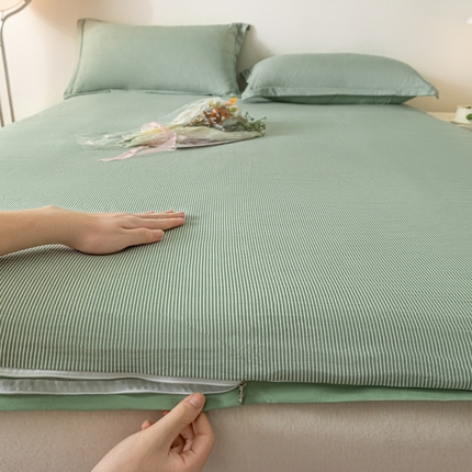 91家纺网 家纺一手货源 找家纺 悦织湾家纺 2025新款床垫套亲肤棉四季通用拉链式全包适合7CM及以内床垫 垫套-条纹浅绿