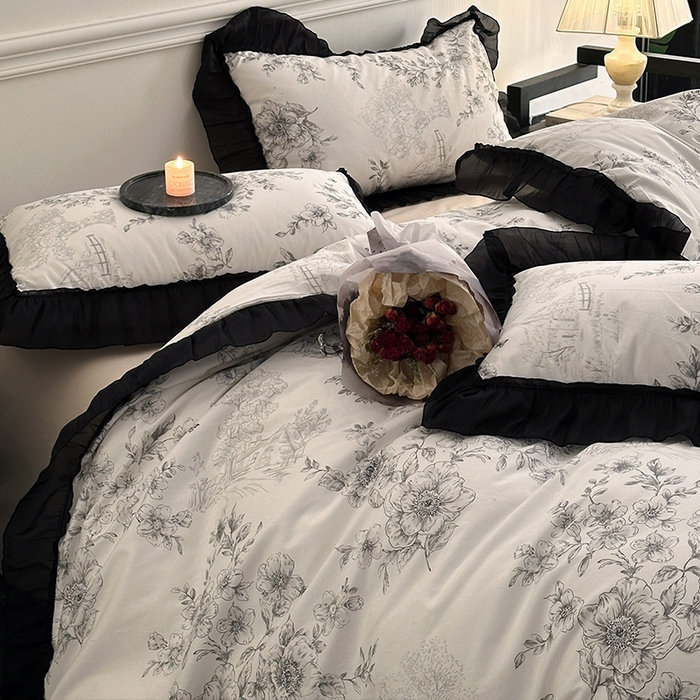 91家纺网 家纺一手货源 找家纺 蓝邻家纺 2025年新款全棉法式复古真丝绉花边四件套系列 加州风情