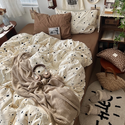 原素 2025新款中古风混搭水洗棉双层纱四件套 黑色波点