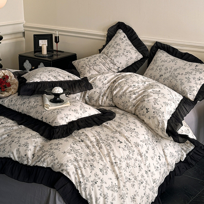 91家纺网 家纺一手货源 找家纺 蓝邻家纺 2025年新款全棉法式复古真丝绉花边四件套系列 忘忧