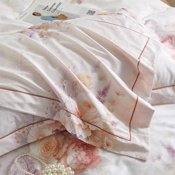 91家纺网 家纺一手货源 找家纺 启航家居 2025春夏全棉铂金棉数码印花四件套 花胭晚桥粉