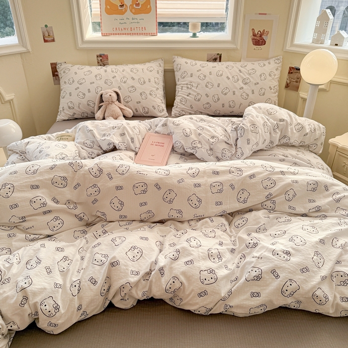 91家纺网 家纺一手货源 找家纺 罗亿家纺 2025新款云感提花双层纱裸睡四件套 猫咪恋人