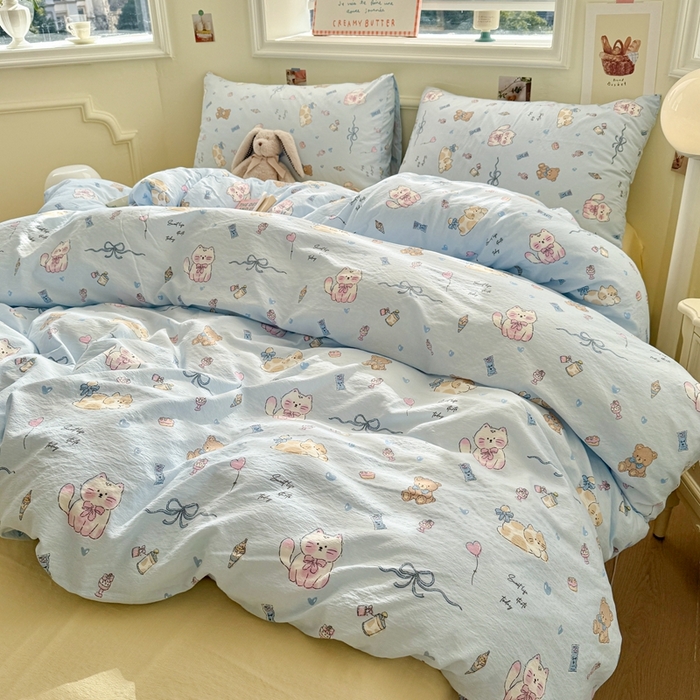 91家纺网 家纺一手货源 找家纺 罗亿家纺 2025新款云感提花双层纱裸睡四件套 小猫时光 蓝