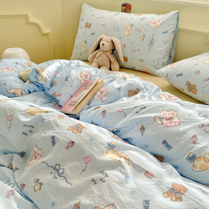 91家纺网 家纺一手货源 找家纺 罗亿家纺 2025新款云感提花双层纱裸睡四件套 小猫时光 蓝