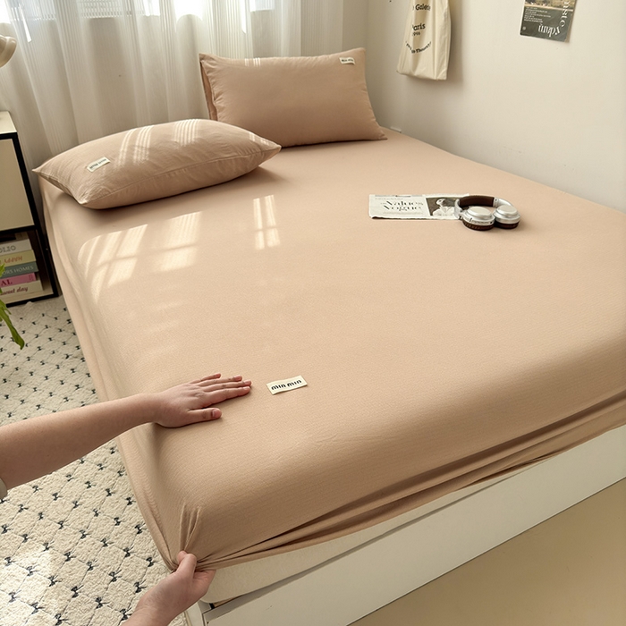 91家纺网 家纺一手货源 找家纺 罗亿家纺 2025新款云感提花双层纱单床笠 奶咖床笠