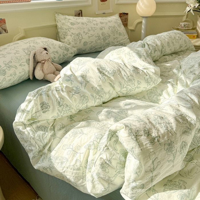 91家纺网 家纺一手货源 找家纺 罗亿家纺 2025新款云感提花双层纱裸睡四件套 海像森林