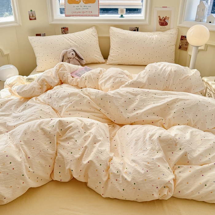 91家纺网 家纺一手货源 找家纺 罗亿家纺 2025新款云感提花双层纱裸睡四件套 波点世界