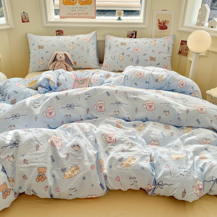 91家纺网 家纺一手货源 找家纺 罗亿家纺 2025新款云感提花双层纱裸睡四件套 小猫时光 蓝