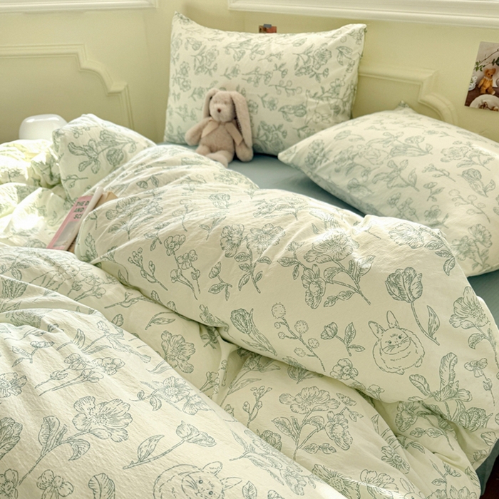 91家纺网 家纺一手货源 找家纺 罗亿家纺 2025新款云感提花双层纱裸睡四件套 海像森林