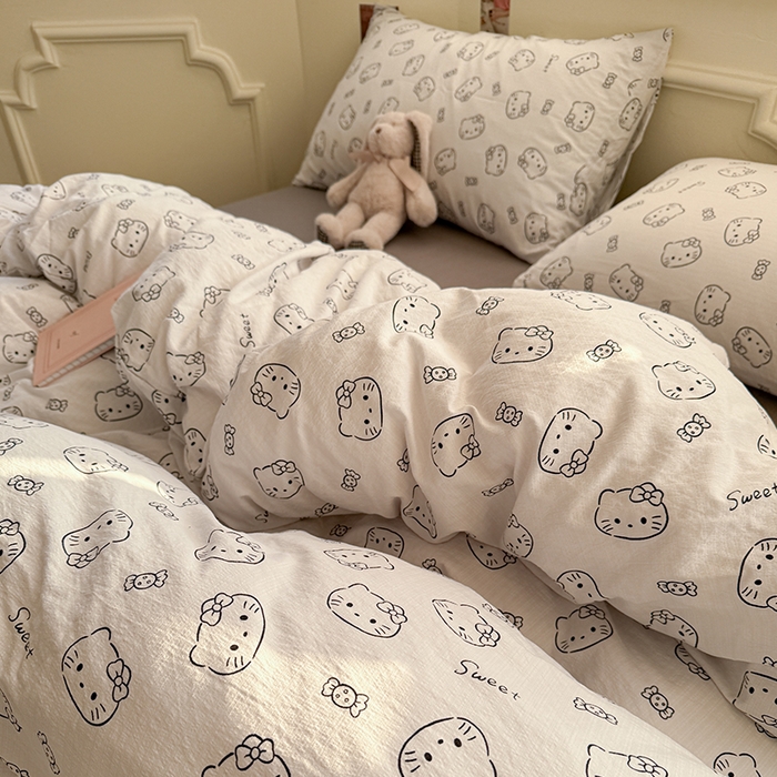 91家纺网 家纺一手货源 找家纺 罗亿家纺 2025新款云感提花双层纱裸睡四件套 猫咪恋人