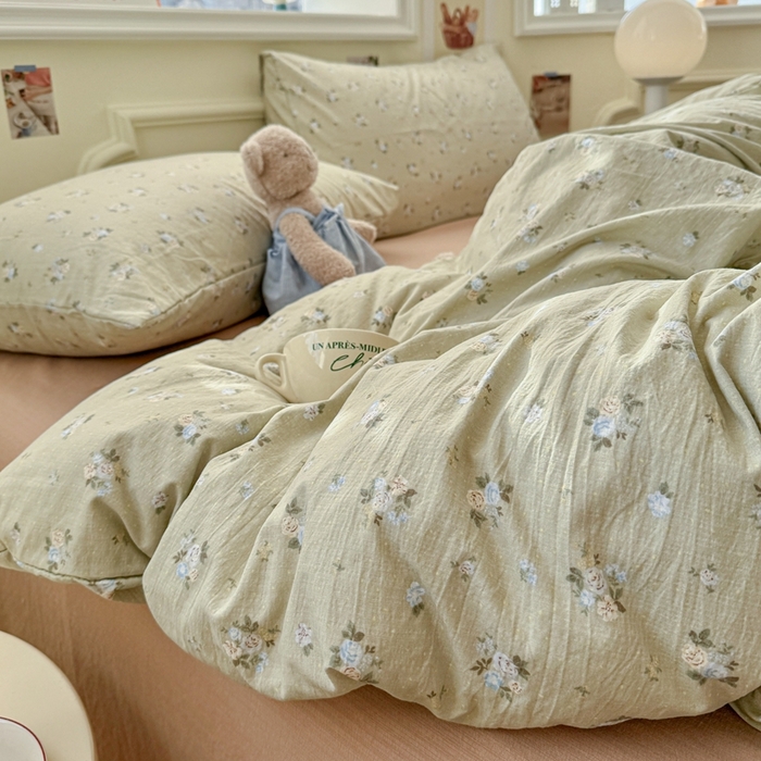 91家纺网 家纺一手货源 找家纺 罗亿家纺 2025新款云感提花双层纱裸睡四件套 落日暮年-绿