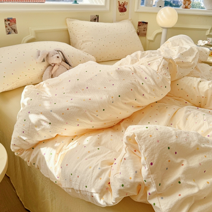 91家纺网 家纺一手货源 找家纺 罗亿家纺 2025新款云感提花双层纱裸睡四件套 波点世界