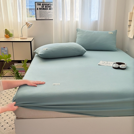 91家纺网 家纺一手货源 找家纺 罗亿家纺 2025新款云感提花双层纱单床笠 浅蓝床笠