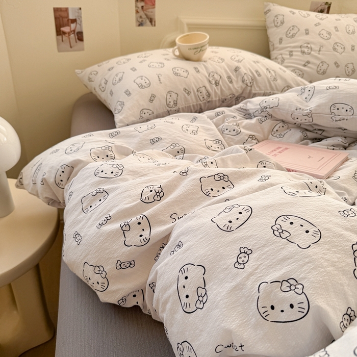 91家纺网 家纺一手货源 找家纺 罗亿家纺 2025新款云感提花双层纱裸睡四件套 猫咪恋人