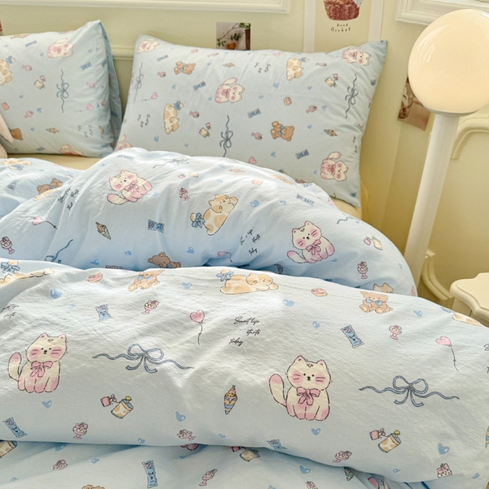 91家纺网 家纺一手货源 找家纺 罗亿家纺 2025新款云感提花双层纱裸睡四件套 小猫时光 蓝