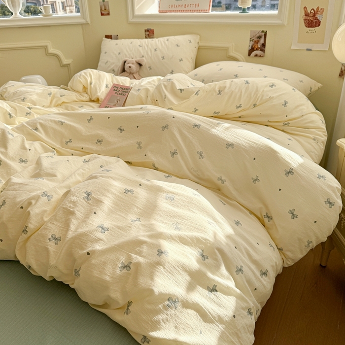 91家纺网 家纺一手货源 找家纺 罗亿家纺 2025新款云感提花双层纱裸睡四件套 相思 蓝