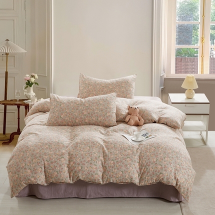 棉小二 2025新款双层纱印花系列四件套 朝花-米咖