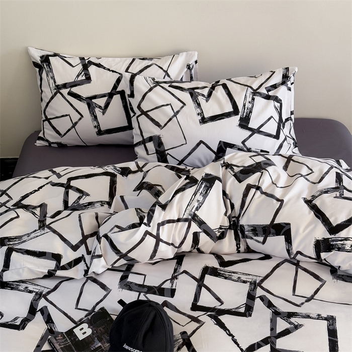 91家纺网 家纺一手货源 找家纺 窝米 2025新款全棉新品13370四件套 简约休闲风系列（悦溪、几何乐园） 几何乐园黑