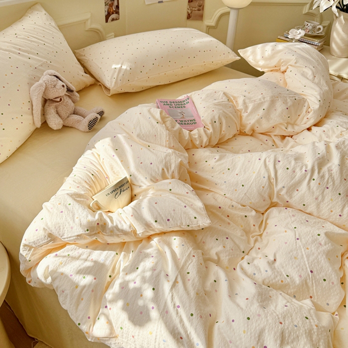 91家纺网 家纺一手货源 找家纺 罗亿家纺 2025新款云感提花双层纱裸睡四件套 波点世界