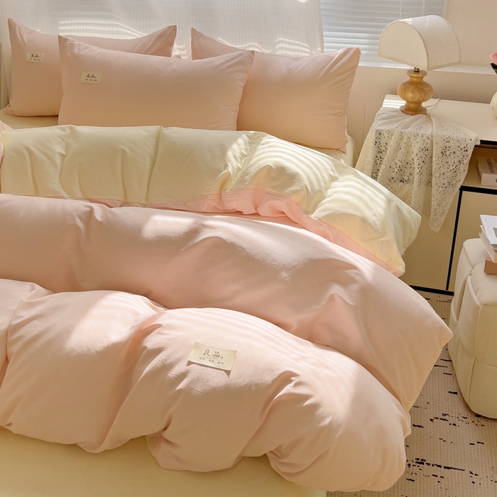 91家纺网 家纺一手货源 找家纺 眠博士 2025新款全棉40支纯色系列单被套 全棉拼色-浅粉+浅黄