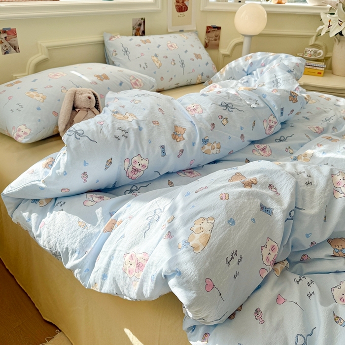 91家纺网 家纺一手货源 找家纺 罗亿家纺 2025新款云感提花双层纱裸睡四件套 小猫时光 蓝