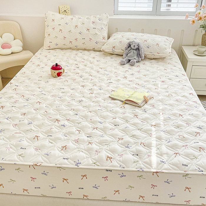 91家纺网 家纺一手货源 找家纺 豪选家纺 2025春夏四季新款新品有氧双层纱印花夹棉床笠床护罩床垫保护套 彩色蝴蝶结