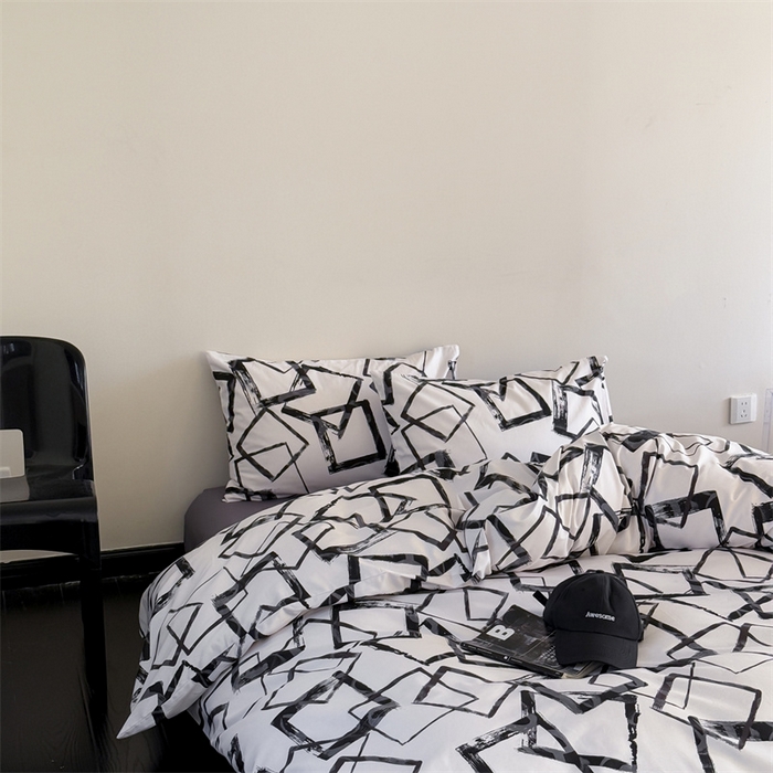 91家纺网 家纺一手货源 找家纺 窝米 2025新款全棉新品13370四件套 简约休闲风系列（悦溪、几何乐园） 几何乐园黑