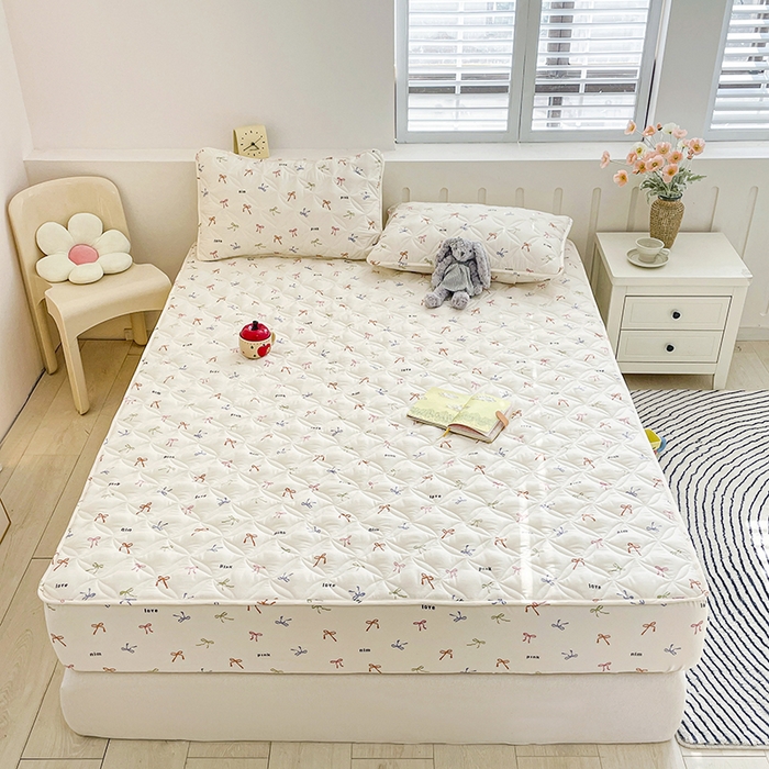 91家纺网 家纺一手货源 找家纺 豪选家纺 2025春夏四季新款新品有氧双层纱印花夹棉床笠床护罩床垫保护套 彩色蝴蝶结