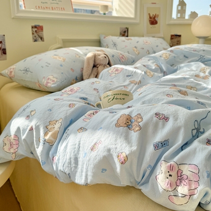 罗亿家纺 2025新款云感提花双层纱裸睡四件套 小猫时光 蓝