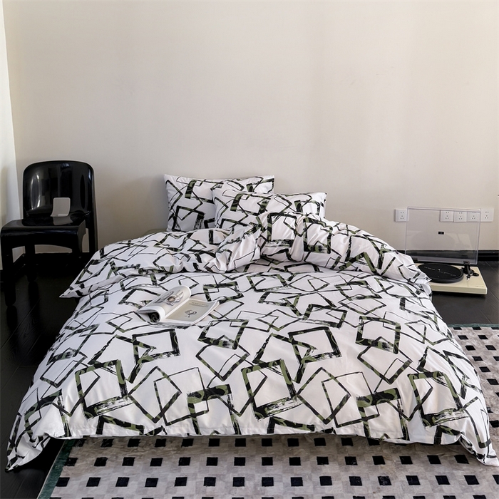 91家纺网 家纺一手货源 找家纺 窝米 2025新款全棉新品13370四件套 简约休闲风系列（悦溪、几何乐园） 几何乐园绿
