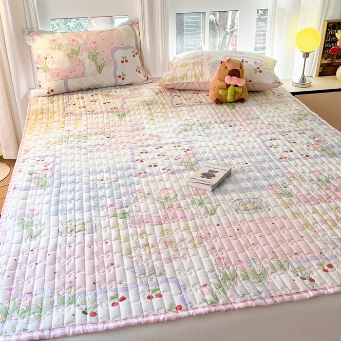 91家纺网 家纺一手货源 找家纺 Sweet dreams甜梦 2025新款全棉卡通小清新棉垫子床垫旅行垫 郁金香小狗