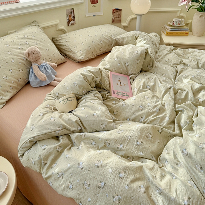 91家纺网 家纺一手货源 找家纺 罗亿家纺 2025新款云感提花双层纱裸睡四件套 落日暮年-绿