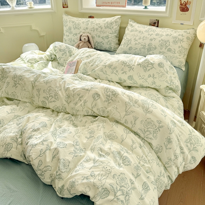 91家纺网 家纺一手货源 找家纺 罗亿家纺 2025新款云感提花双层纱裸睡四件套 海像森林