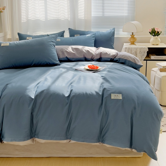 91家纺网 家纺一手货源 找家纺 眠博士 2025新款全棉40支纯色系列单被套 全棉拼色-宝蓝+银灰