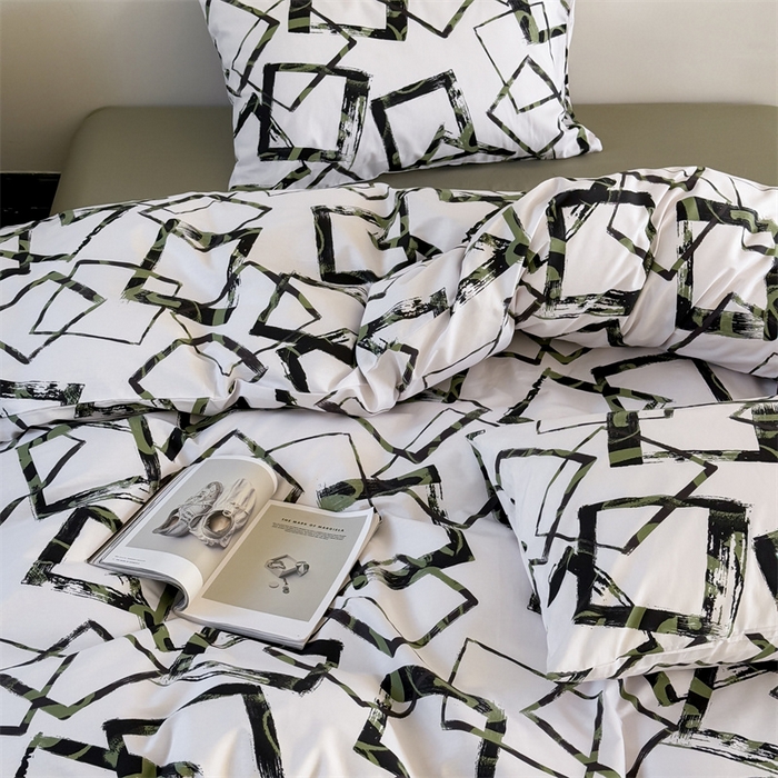91家纺网 家纺一手货源 找家纺 窝米 2025新款全棉新品13370四件套 简约休闲风系列（悦溪、几何乐园） 几何乐园绿