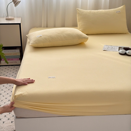 91家纺网 家纺一手货源 找家纺 罗亿家纺 2025新款云感提花双层纱单床笠 奶黄床笠