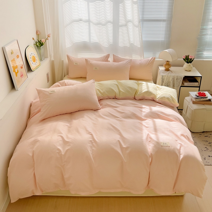 91家纺网 家纺一手货源 找家纺 眠博士 2025新款全棉40支纯色系列单被套 全棉拼色-浅粉+浅黄
