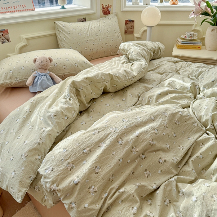 91家纺网 家纺一手货源 找家纺 罗亿家纺 2025新款云感提花双层纱裸睡四件套 落日暮年-绿